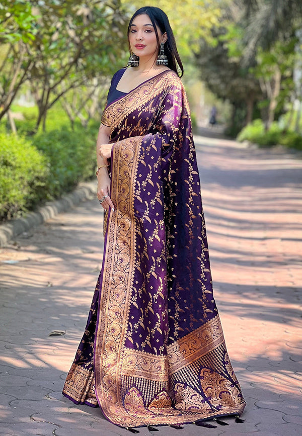 Wine Banarasi Katan Silk Saree With Unstitched Blouse
