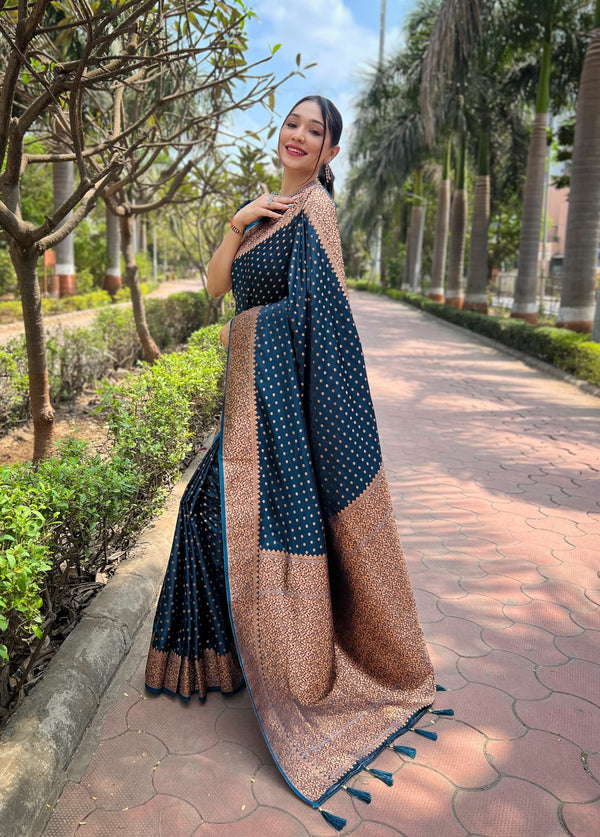 Denim Banarasi Katan Silk Saree With Unstitched Blouse
