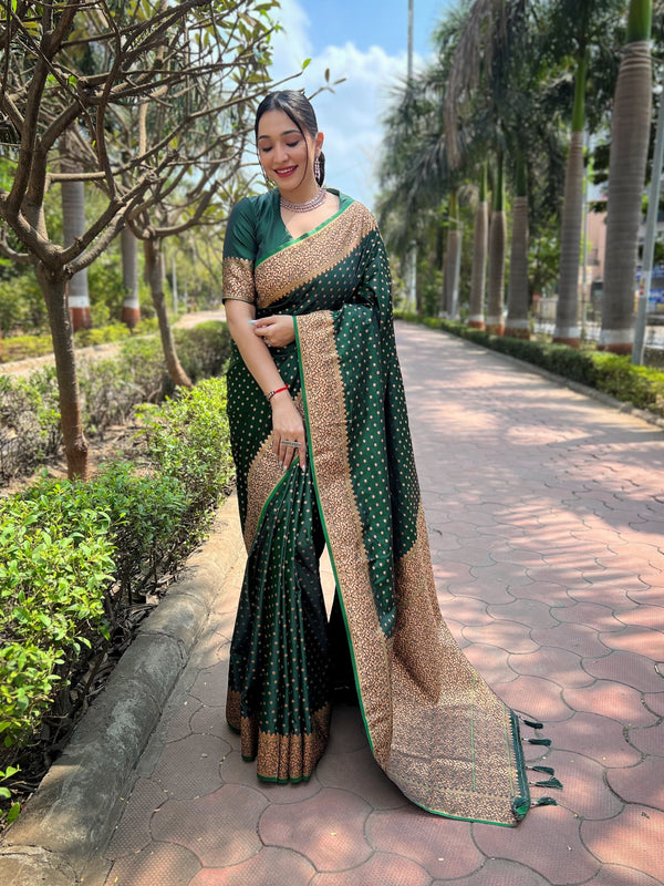Green Banarasi Katan Silk Saree With Unstitched Blouse