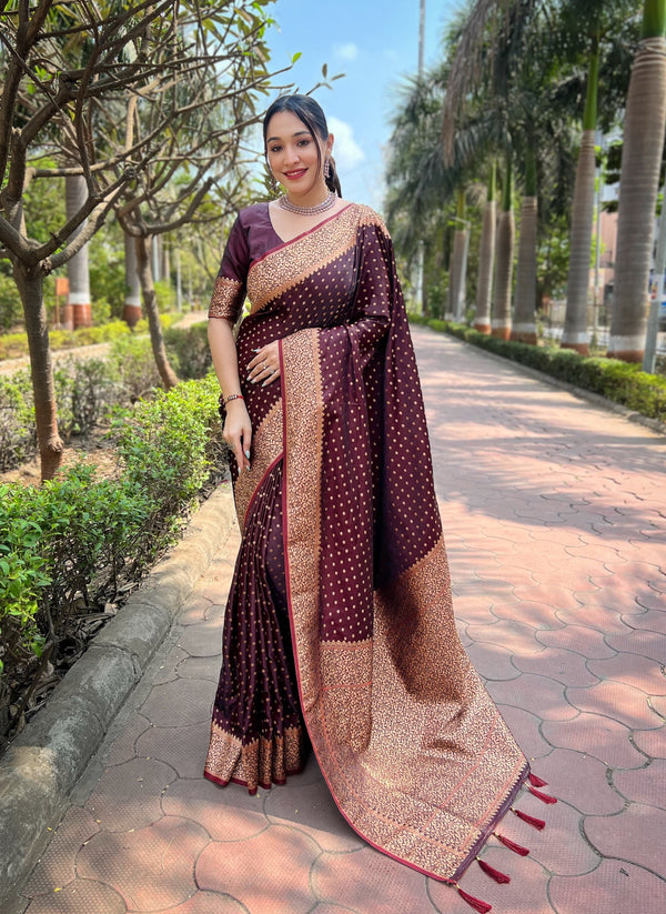 Maroon Banarasi Katan Silk Saree With Unstitched Blouse