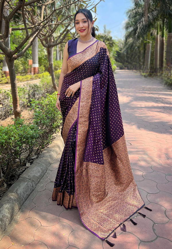 Wine Banarasi Katan Silk Saree With Unstitched Blouse
