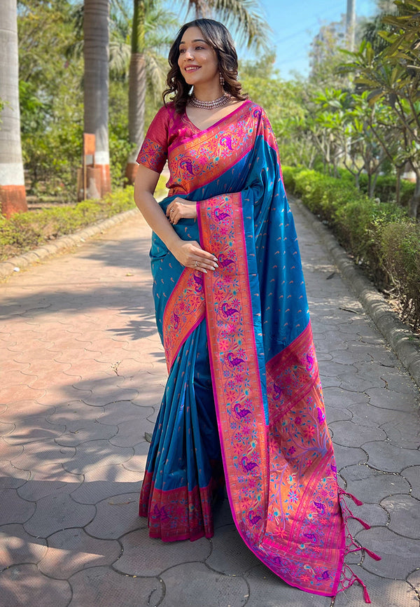 Blue Paithani Saree With Unstitched Blouse