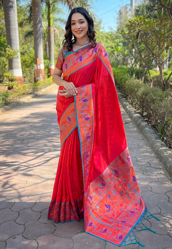 Red Paithani Saree With Unstitched Blouse