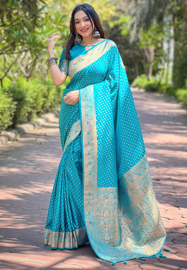 Blue Banarasi Katan Satin Saree With Unstitched Blouse