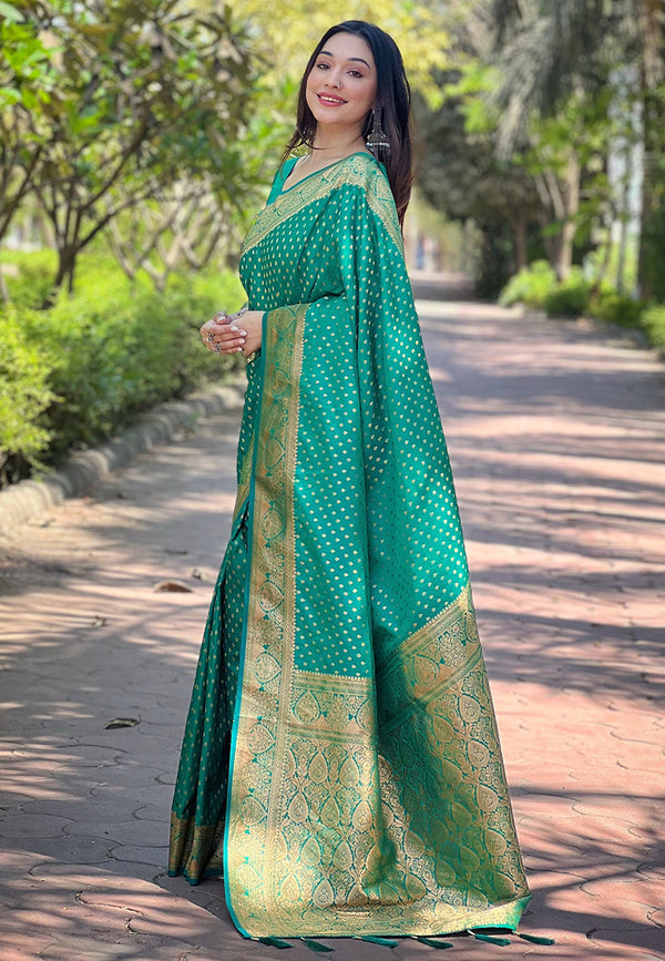 Green Banarasi Katan Satin Saree With Unstitched Blouse