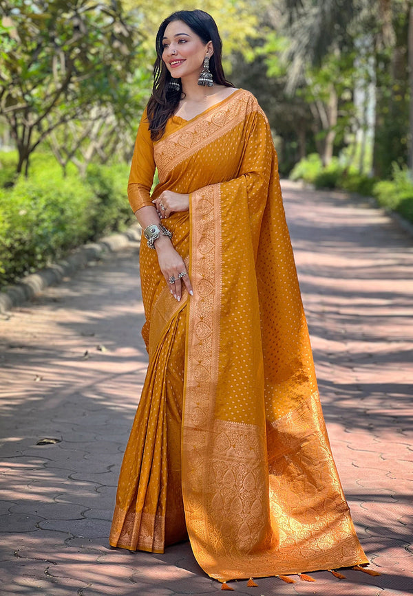 Mustard Banarasi Katan Satin Saree With Unstitched Blouse