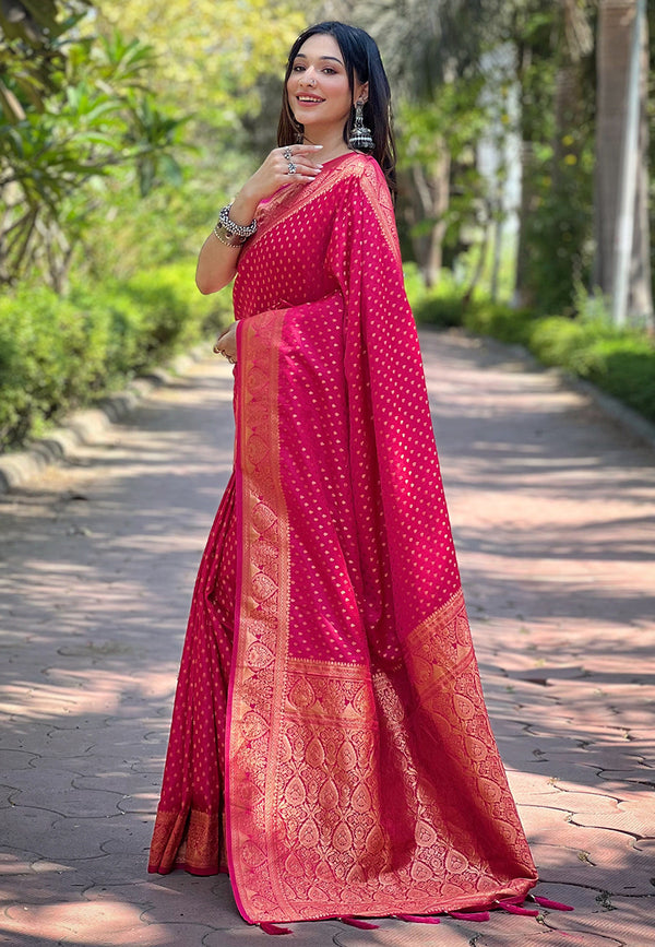 Pink Banarasi Katan Satin Saree With Unstitched Blouse