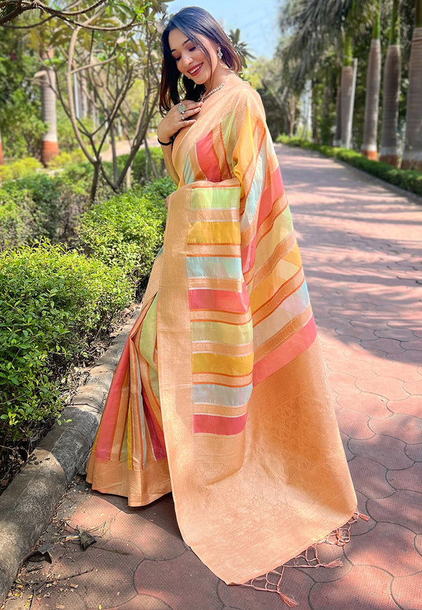 Peach Organza Saree With Unstitched Blouse