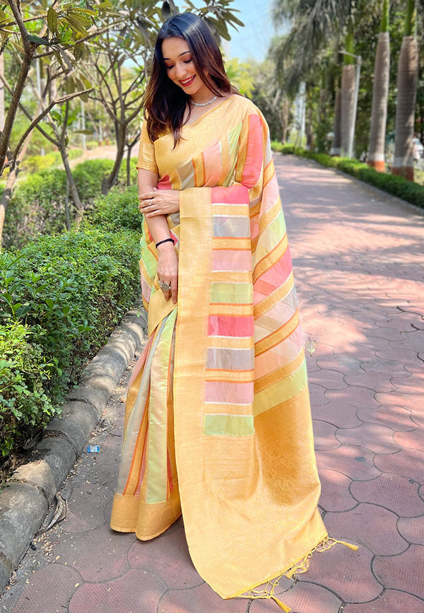 Yellow Organza Saree With Unstitched Blouse