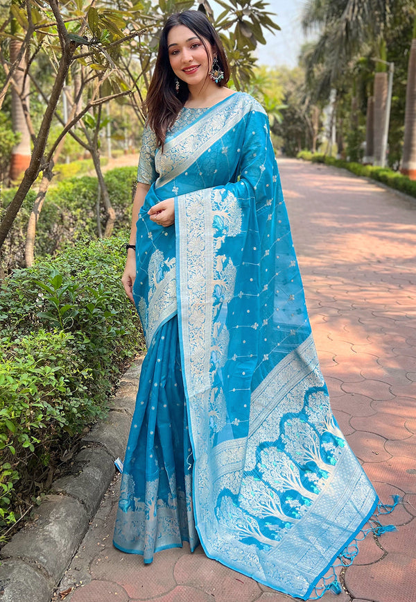 Blue Organza Saree With Unstitched Blouse