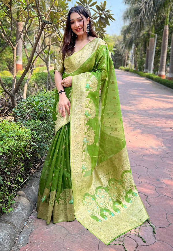 Green Organza Saree With Unstitched Blouse
