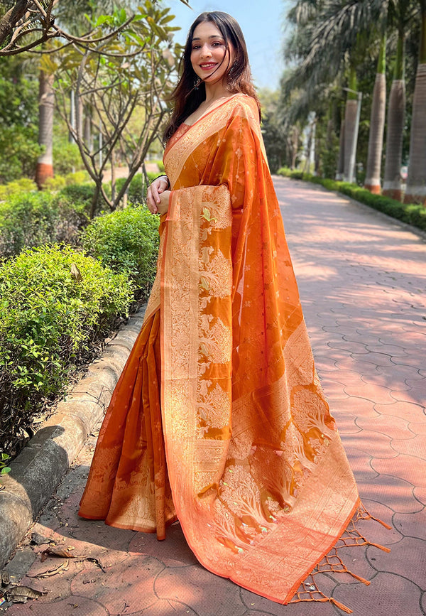 Orange Organza Saree With Unstitched Blouse