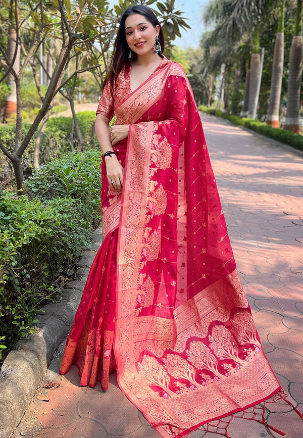 Pink Organza Saree With Unstitched Blouse