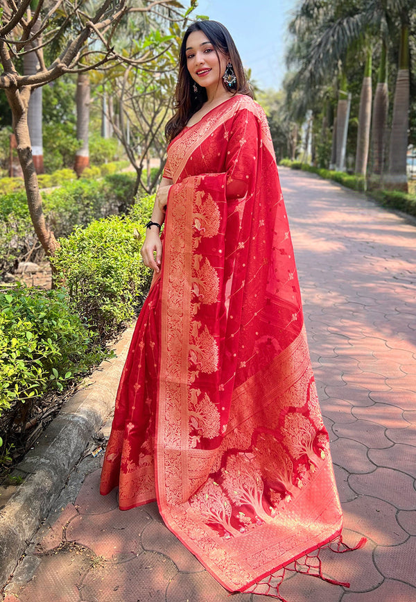 Red Organza Saree With Unstitched Blouse