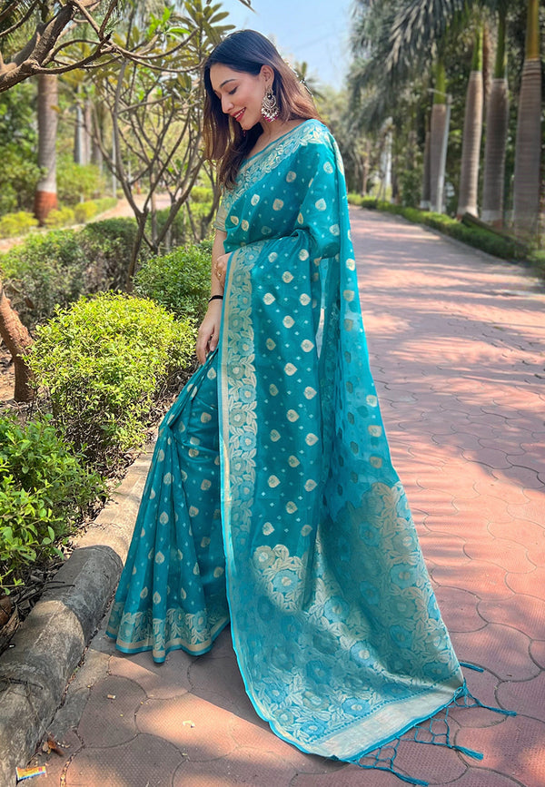 Blue Organza Floral Saree With Unstitched Blouse