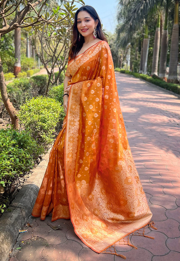 Orange Organza Floral Saree With Unstitched Blouse