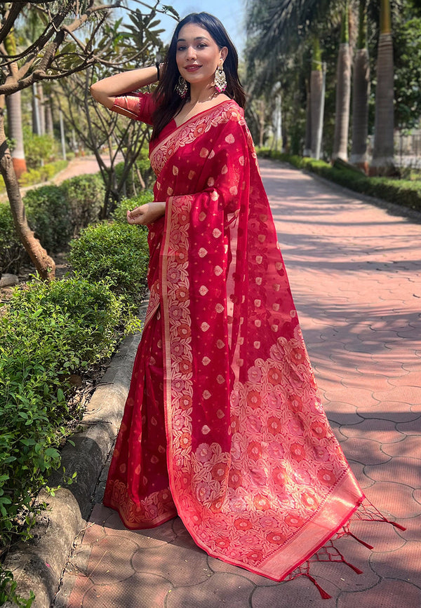 Pink Organza Floral Saree With Unstitched Blouse
