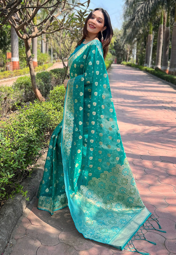 Blue Organza Floral Saree With Unstitched Blouse