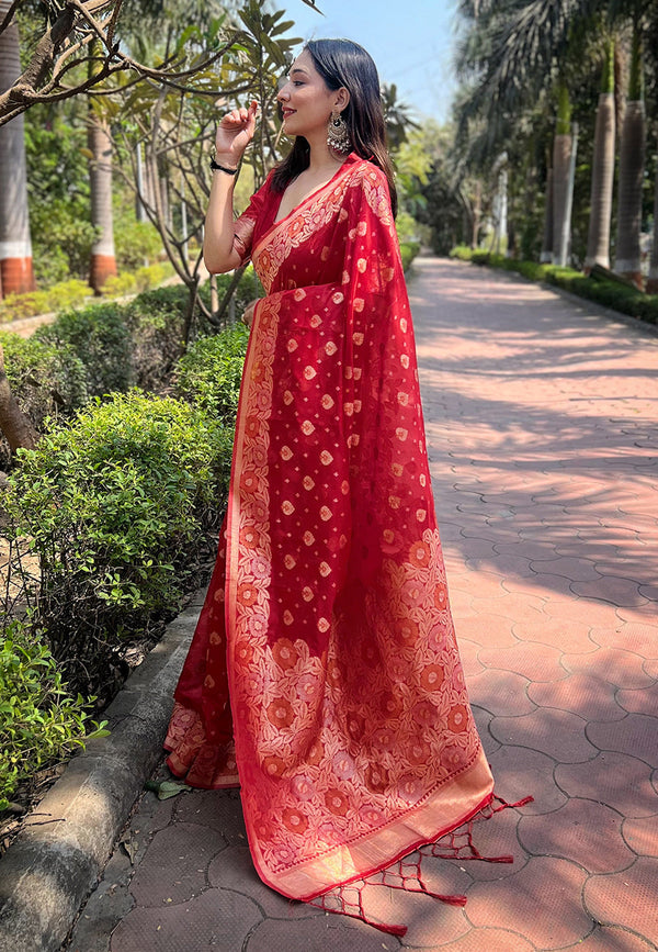 Red Organza Floral Saree With Unstitched Blouse