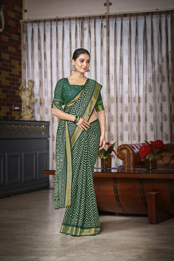 Green Soft Cotton Saree With Unstiched Blouse