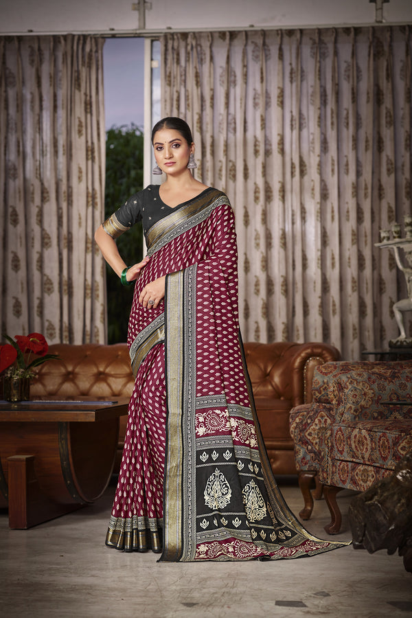 Wine Soft Cotton Saree With Unstiched Blouse