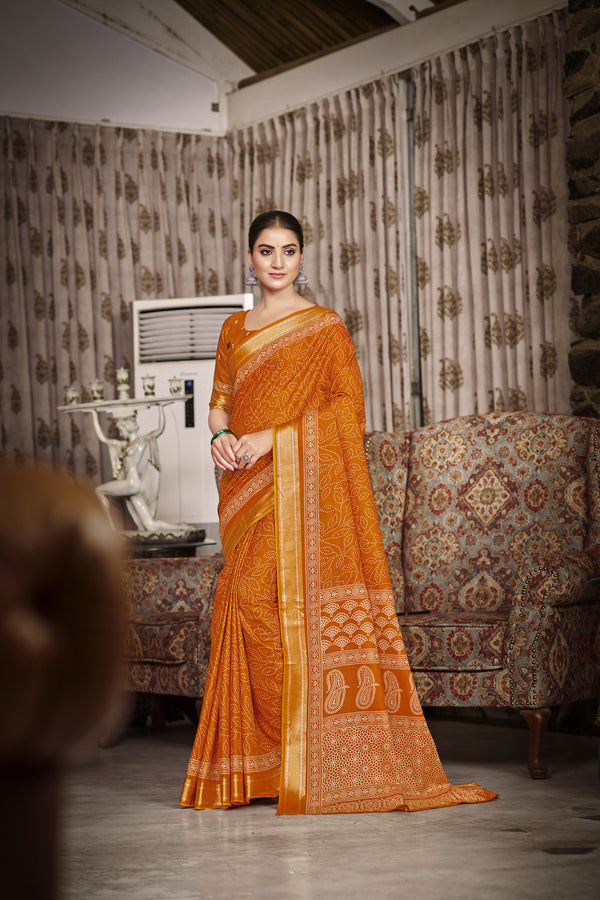Orange Soft Cotton Saree With Unstiched Blouse