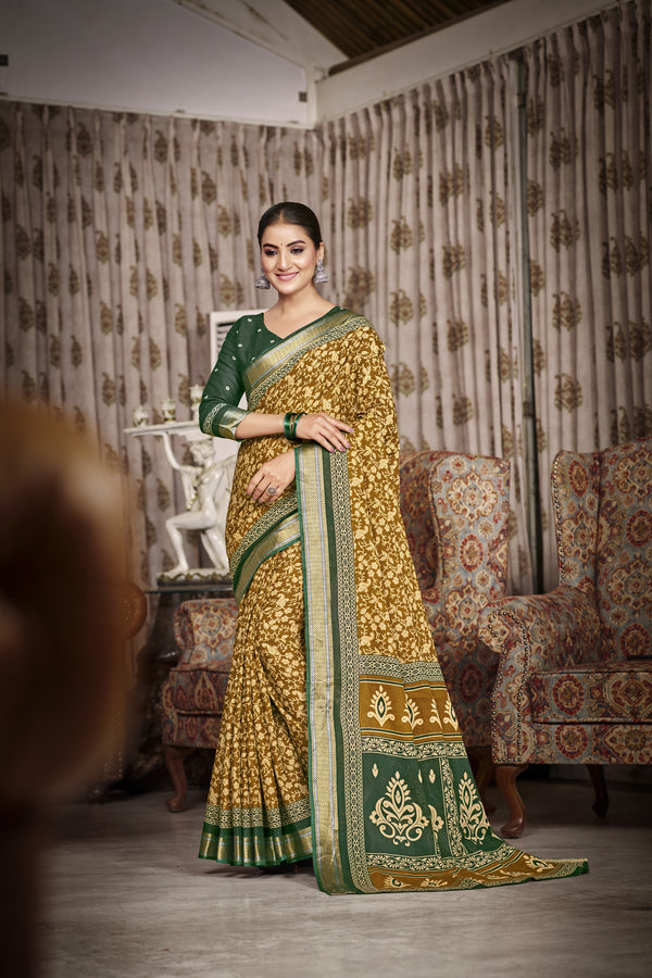 Mustard Soft Cotton Saree With Unstiched Blouse
