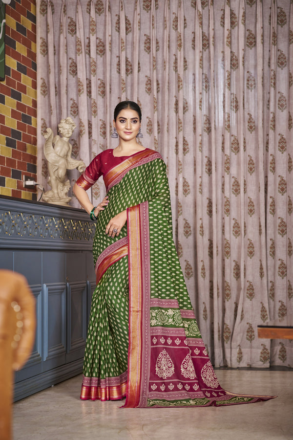 Green Soft Cotton Saree With Unstiched Blouse