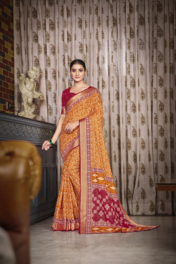 Orange Soft Cotton Saree With Unstiched Blouse