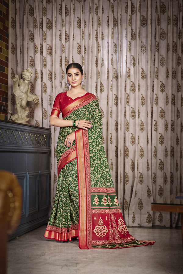 Green Soft Cotton Saree With Unstiched Blouse