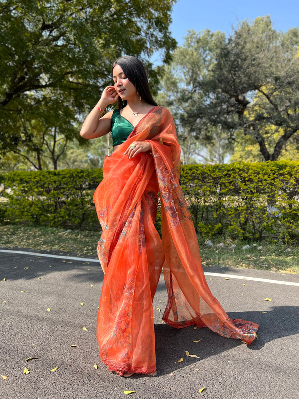 Orange Organza Saree With Satin Benglori Blouse With Unstitched Blouse
