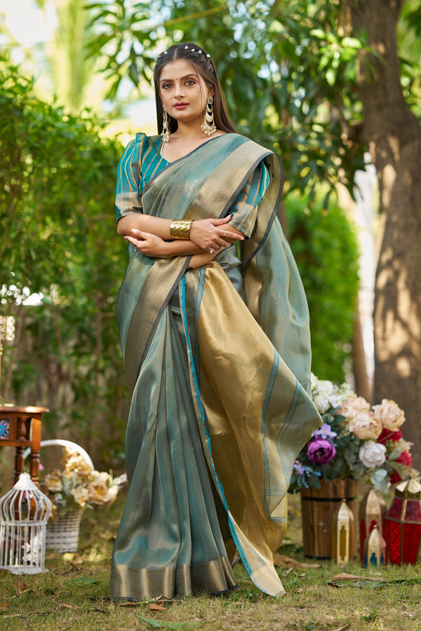 Firozi Tissue Saree With Unstiched Blouse