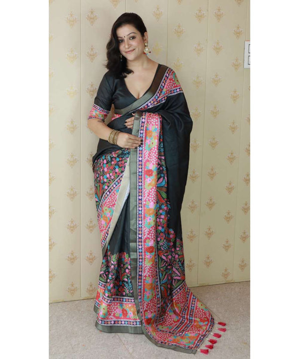 Black Tussar Silk Saree With Unstiched Blouse