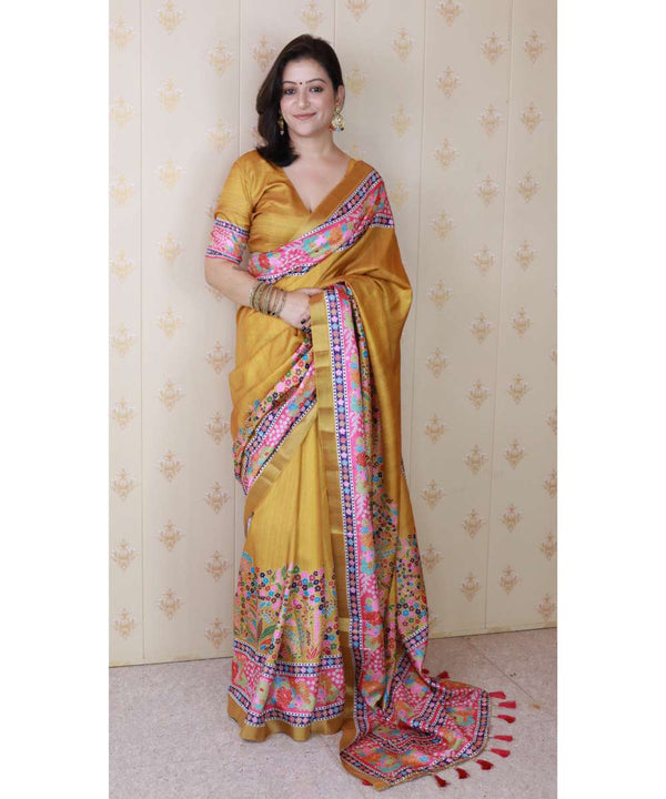 Gold Tussar Silk Saree With Unstiched Blouse