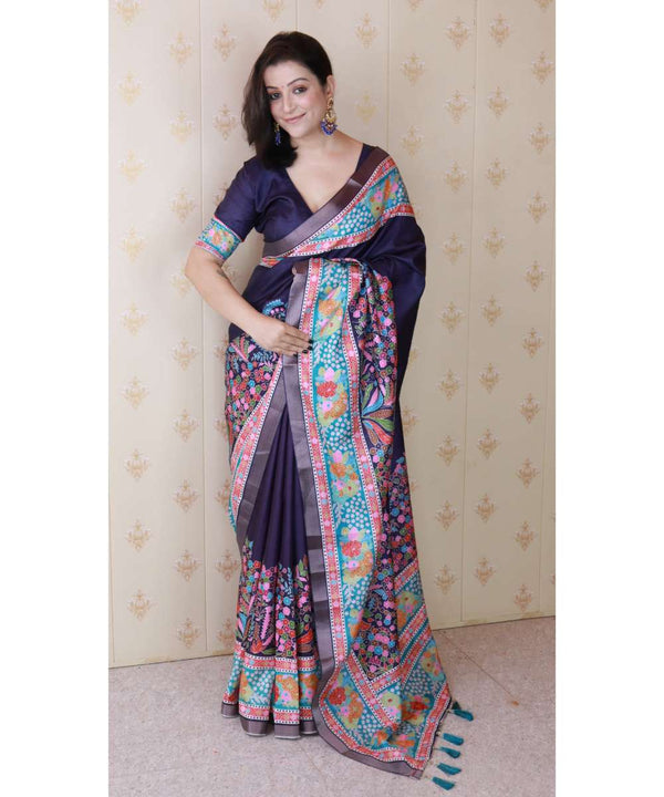 Navy Tussar Silk Saree With Unstiched Blouse