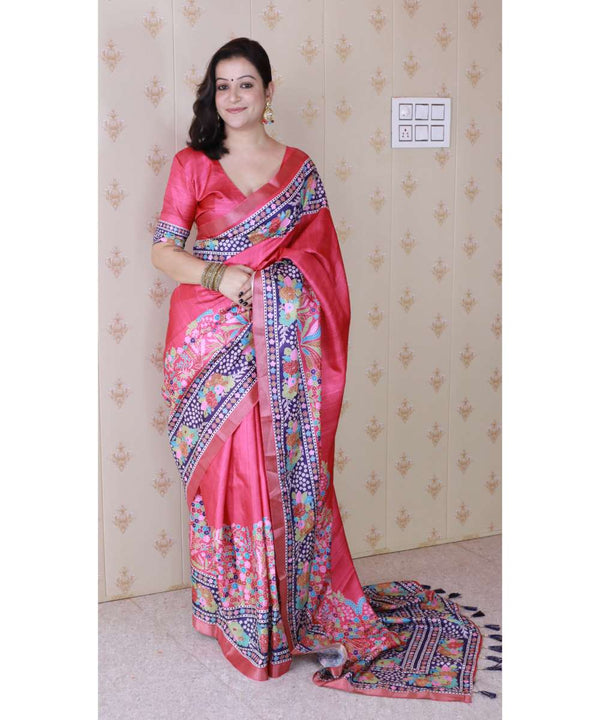 Pink Tussar Silk Saree With Unstiched Blouse
