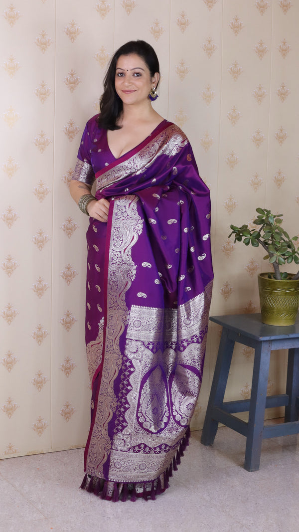 Violet Banarasi Soft Silk Saree With Unstiched Blouse