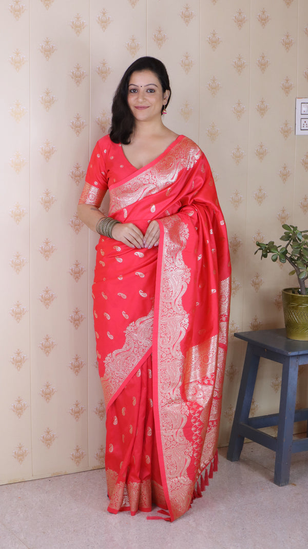 Red Banarasi Soft Silk Saree With Unstiched Blouse