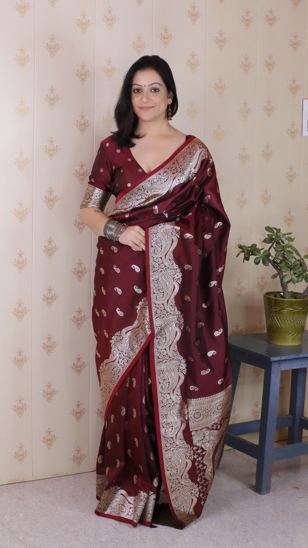 Maroon Banarasi Soft Silk Saree With Unstiched Blouse