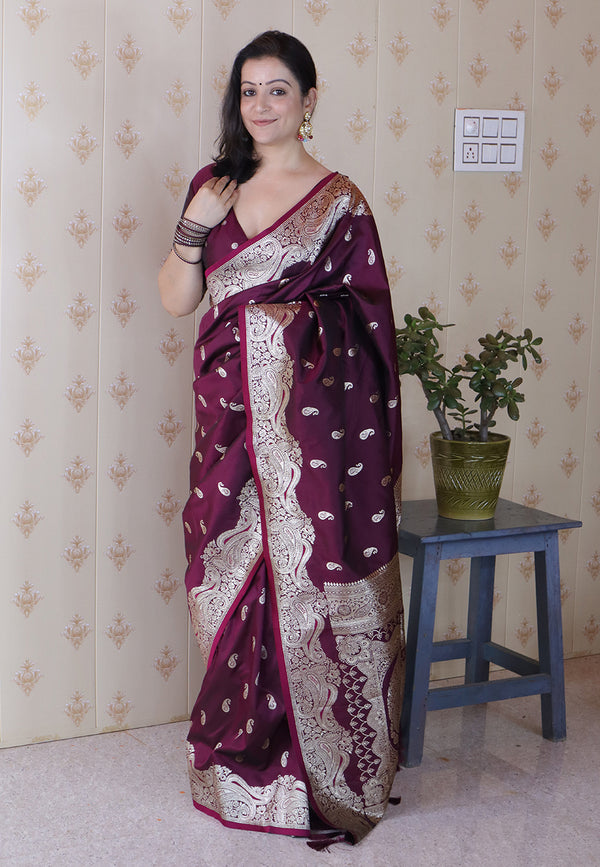 Purple Banarasi Soft Silk Saree With Unstiched Blouse