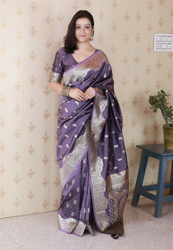 Lavender Banarasi Soft Silk Saree With Unstiched Blouse