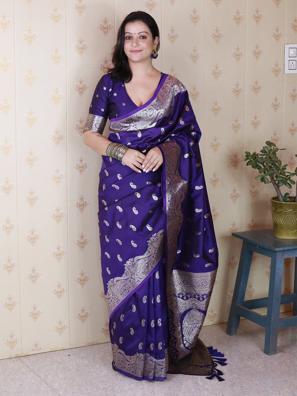 Blue Banarasi Soft Silk Saree With Unstiched Blouse