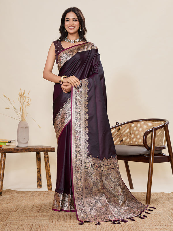 Maroon Pure Sartin Silk Saree With Unstiched Blouse