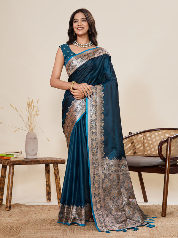 Teal Pure Sartin Silk Saree With Unstiched Blouse
