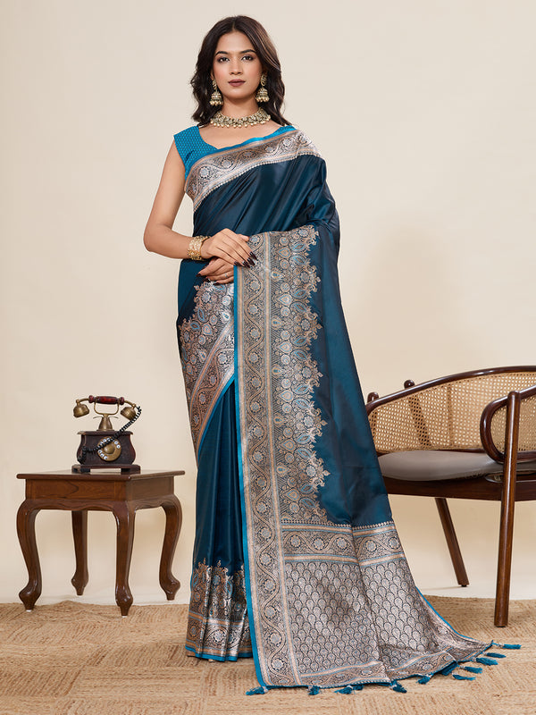 Teal Pure Sartin Silk Saree With Unstiched Blouse