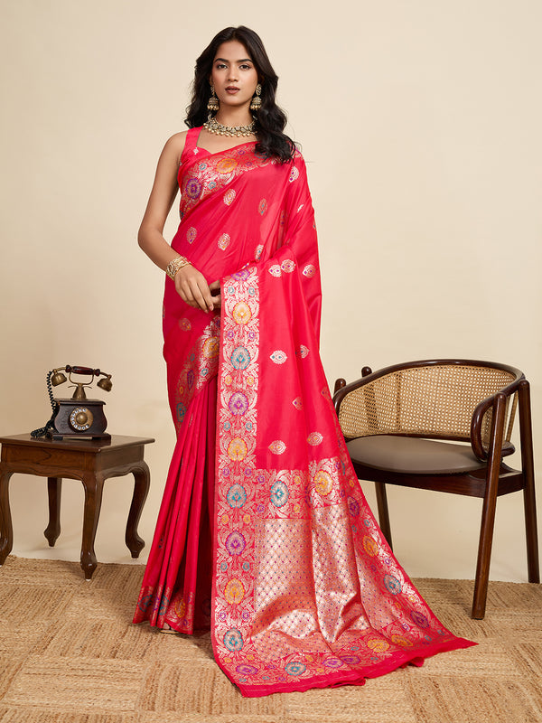 Pink Pure Jacquard Saree With Unstiched Blouse