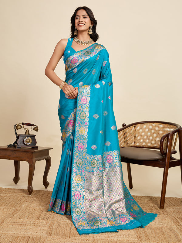 Cyan Blue Pure Jacquard Saree With Unstiched Blouse