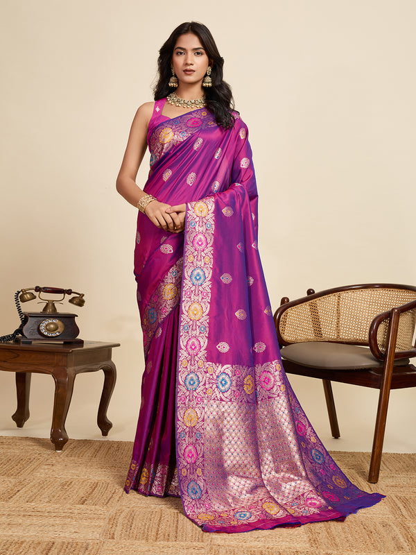 Violet Pure Jacquard Saree With Unstiched Blouse