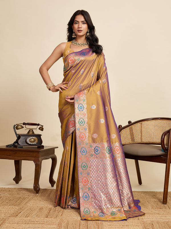 Gold Pure Jacquard Saree With Unstiched Blouse