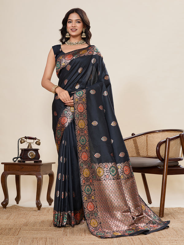 Black Pure Jacquard Saree With Unstiched Blouse